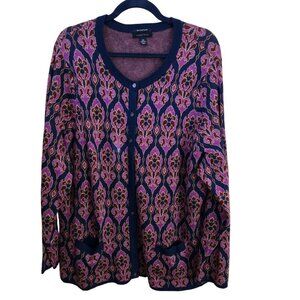 Lands' End Supima Cotton Navy Patterned Plussize Cardigan Sweater Size 2X